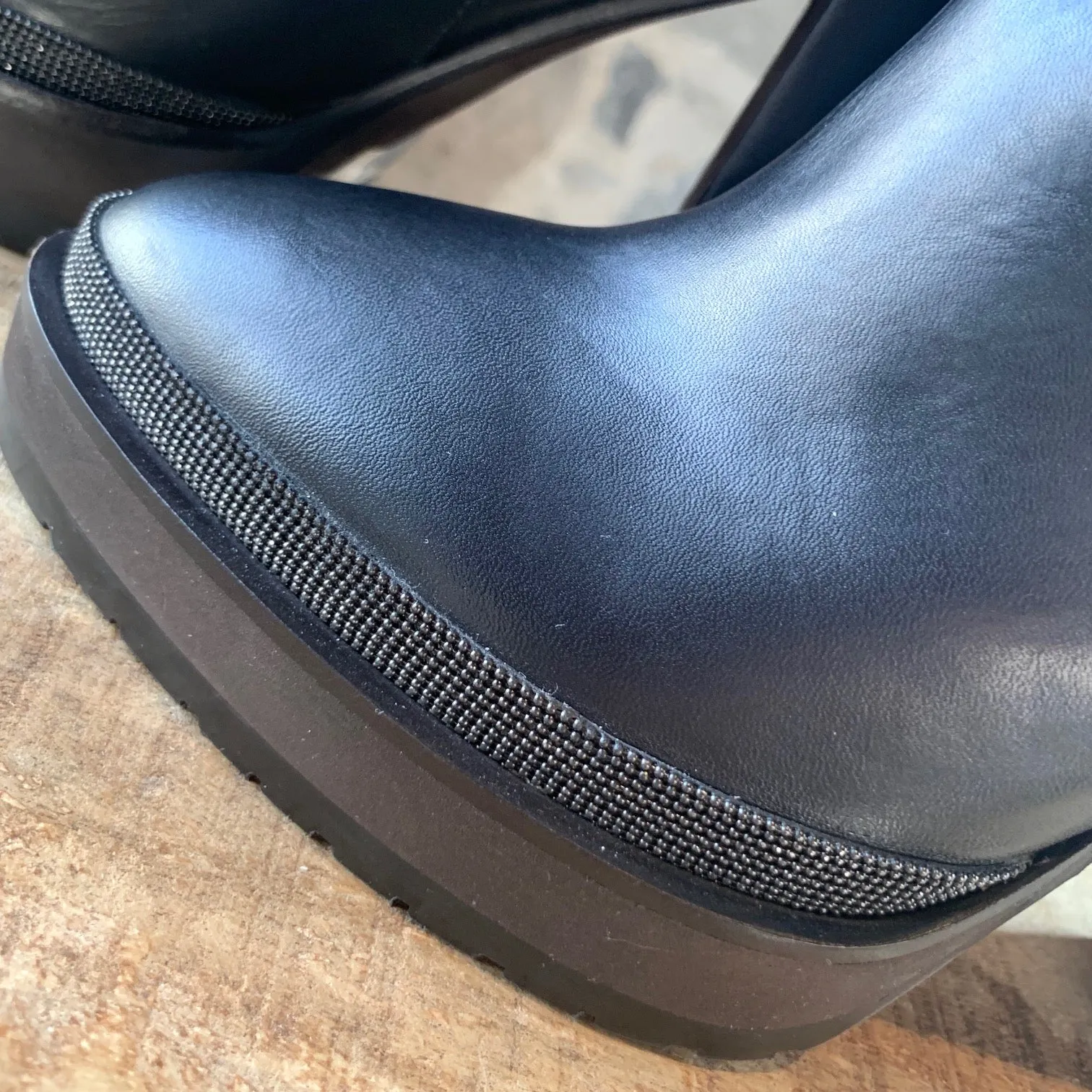Brunello Cucinelli Black Leather Heeled Monili Trim Boots