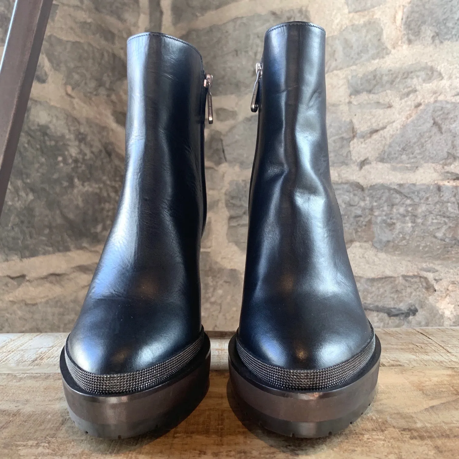 Brunello Cucinelli Black Leather Heeled Monili Trim Boots