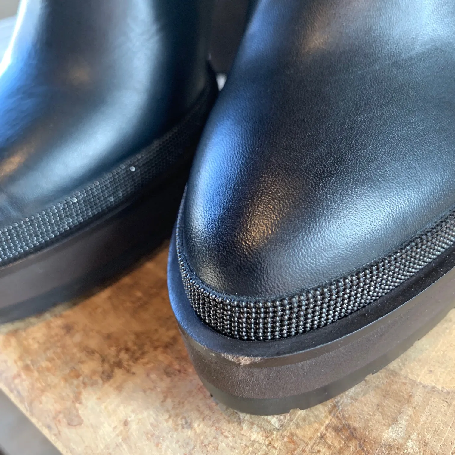 Brunello Cucinelli Black Leather Heeled Monili Trim Boots