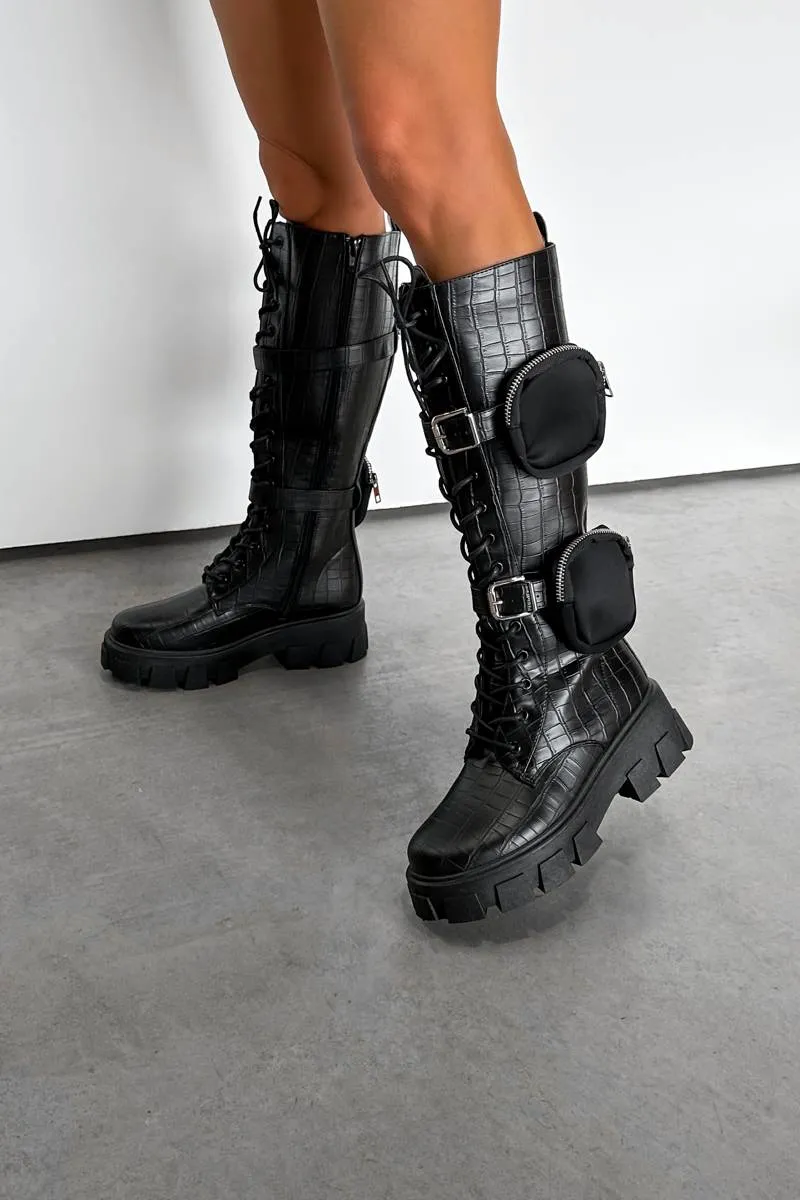 BUCKLE UP Chunky Knee High Pocket Boots - Black Croc