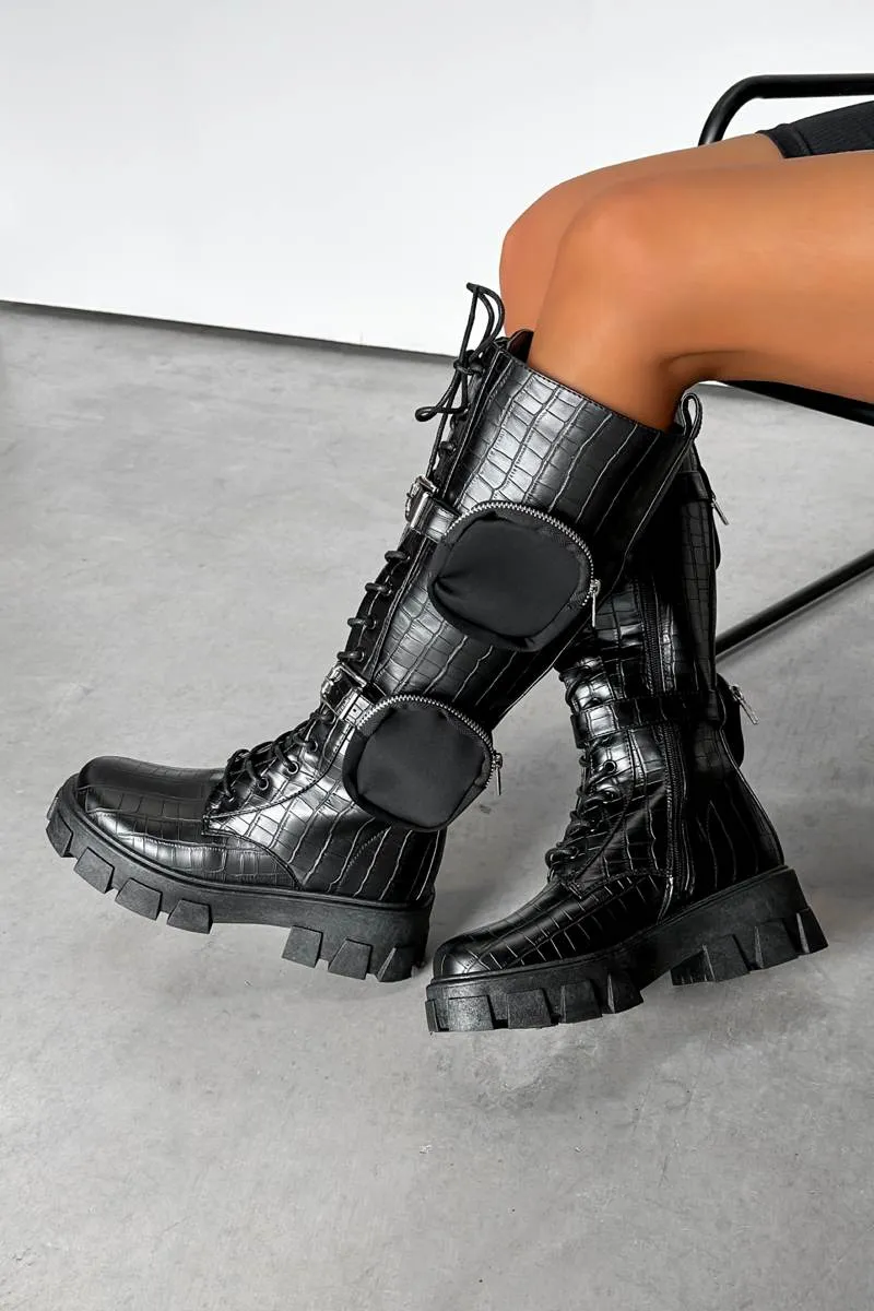 BUCKLE UP Chunky Knee High Pocket Boots - Black Croc
