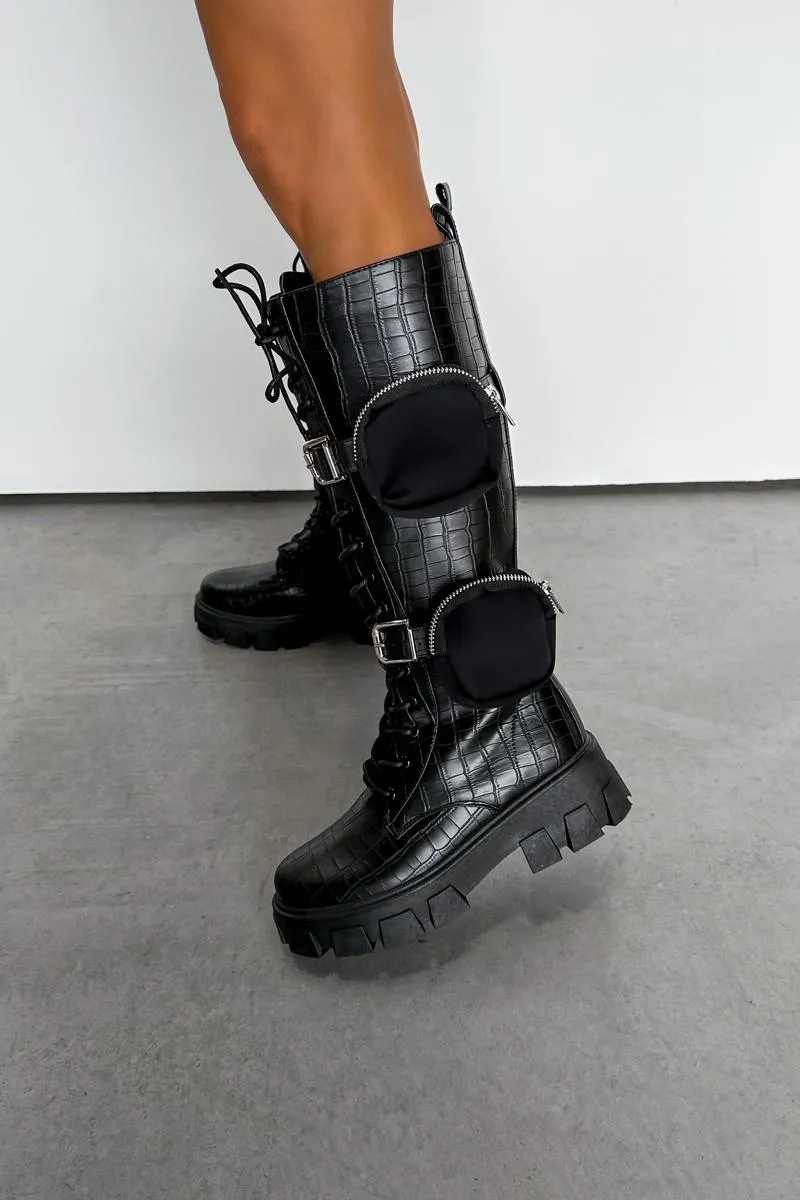 BUCKLE UP Chunky Knee High Pocket Boots - Black Croc