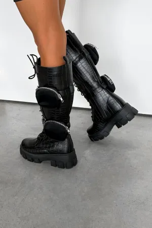 BUCKLE UP Chunky Knee High Pocket Boots - Black Croc