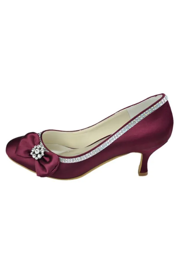 Burgundy Low Heel Beading Handmade Close Toe Prom Shoes With Bow PFWS0016
