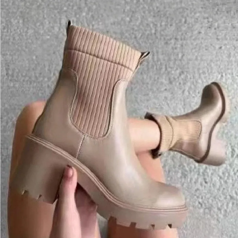 Chelsea Ankle Platform Boots Chunky Sock Slip Ons Women's