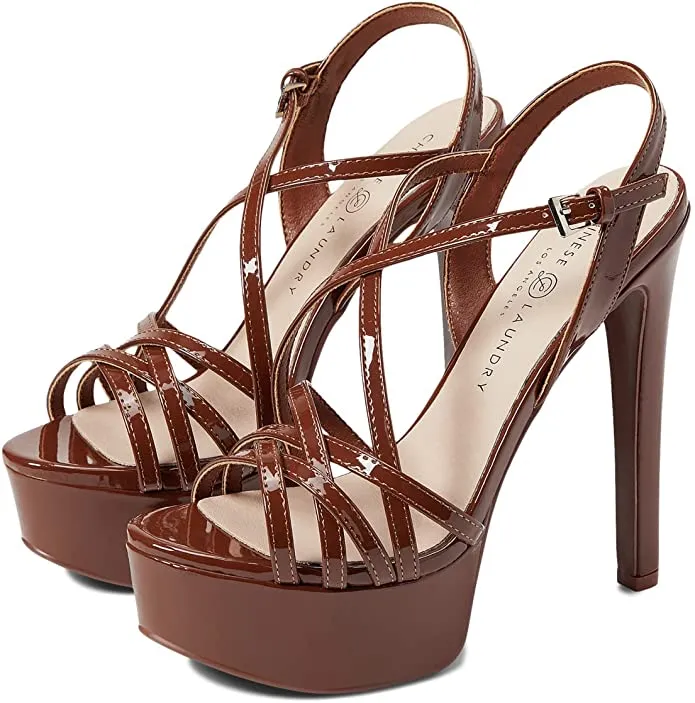Chinese Laundry Teaser Mocha Patent Ankle Strap Open Toe Platform Dress Sandals