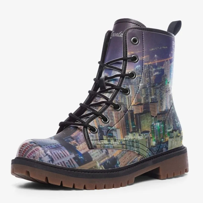 City Lights Skyline Boots | Vegan & Waterproof｜Hong Kong Night View｜Urban Nightscape Combat Boots｜Cityscape Night Vision Boots｜Eco-Friendly Vegan Leather｜Durable & Non-Slip