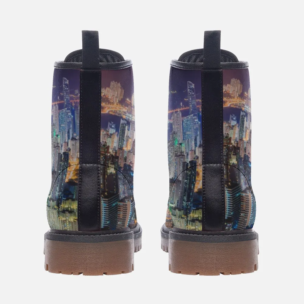 City Lights Skyline Boots | Vegan & Waterproof｜Hong Kong Night View｜Urban Nightscape Combat Boots｜Cityscape Night Vision Boots｜Eco-Friendly Vegan Leather｜Durable & Non-Slip