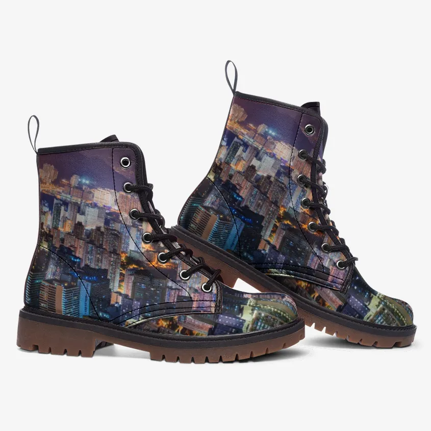 City Lights Skyline Boots | Vegan & Waterproof｜Hong Kong Night View｜Urban Nightscape Combat Boots｜Cityscape Night Vision Boots｜Eco-Friendly Vegan Leather｜Durable & Non-Slip