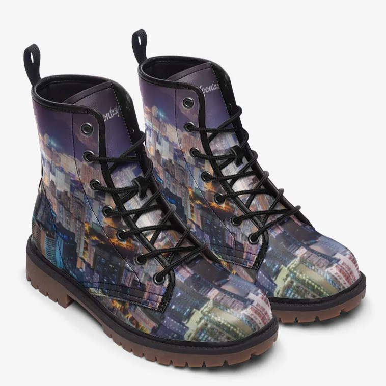 City Lights Skyline Boots | Vegan & Waterproof｜Hong Kong Night View｜Urban Nightscape Combat Boots｜Cityscape Night Vision Boots｜Eco-Friendly Vegan Leather｜Durable & Non-Slip