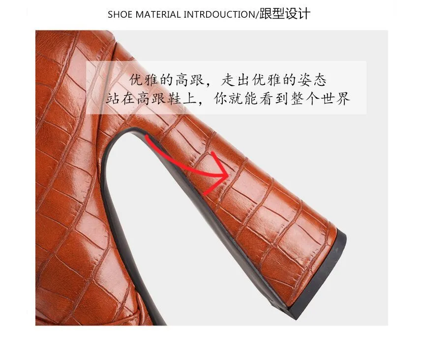 Crocodile Grain Pointed Toe Platform High Heel Knee High Boots