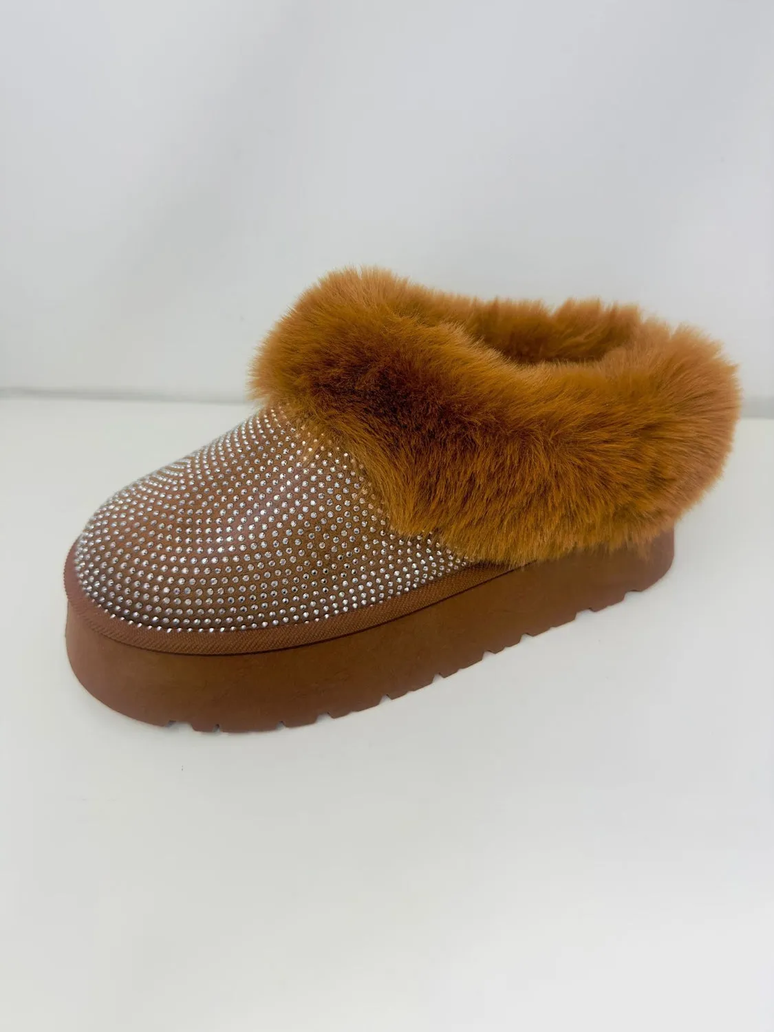 DIVA Embellished Faux Fur Platform Booties - Chestnut