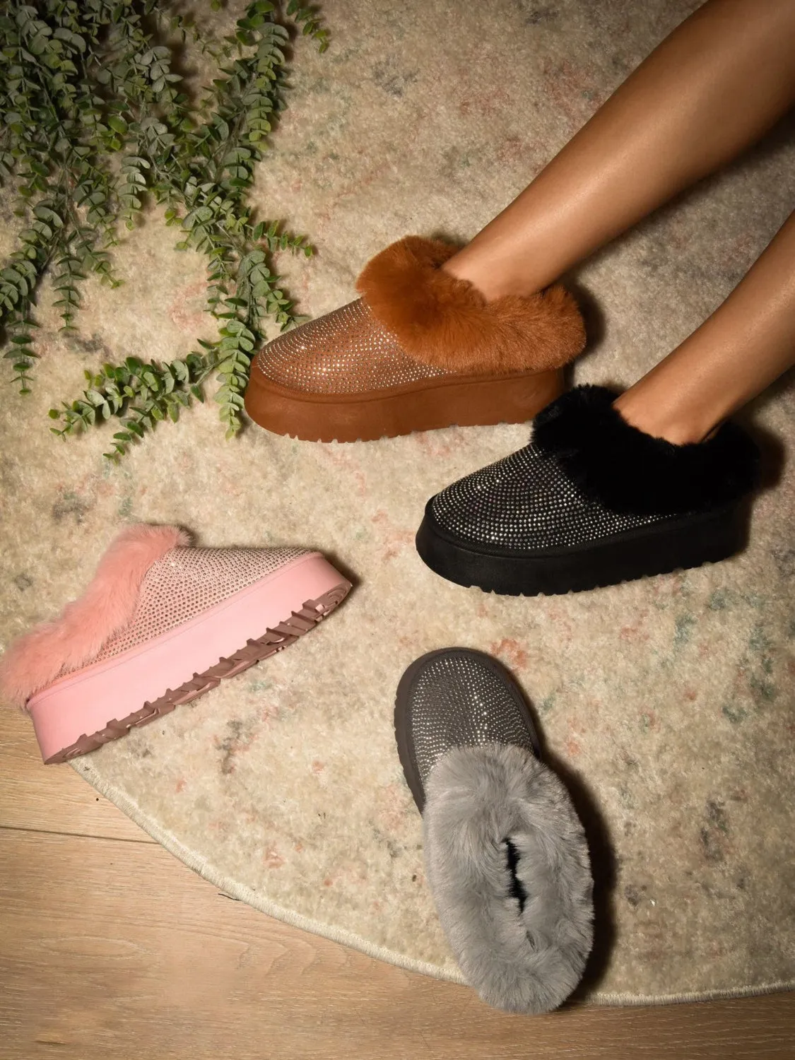 DIVA Embellished Faux Fur Platform Booties - Chestnut