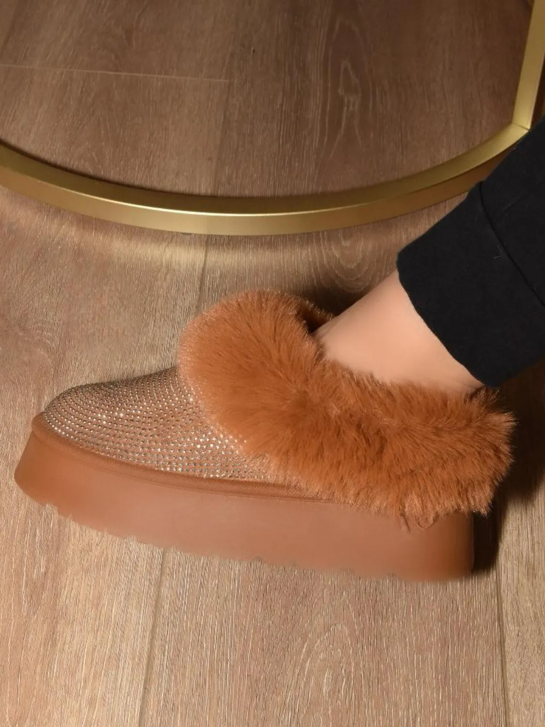 DIVA Embellished Faux Fur Platform Booties - Chestnut