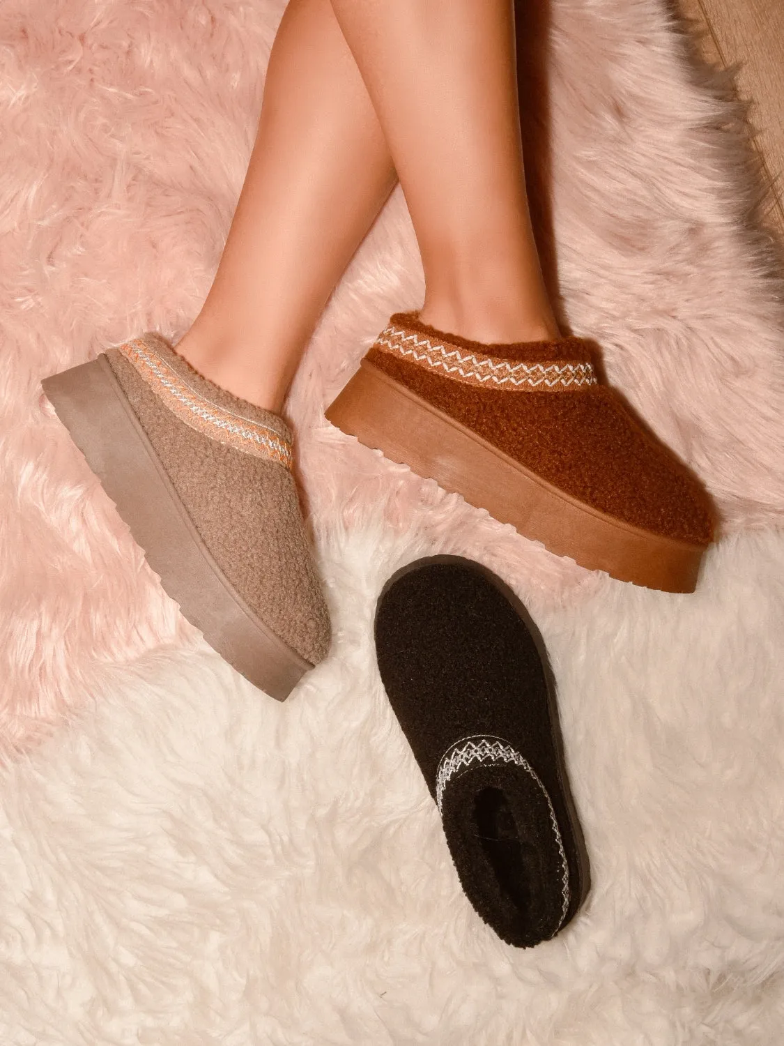 Embroidered Trim Platform Sherpa Ankle Boots in Taupe