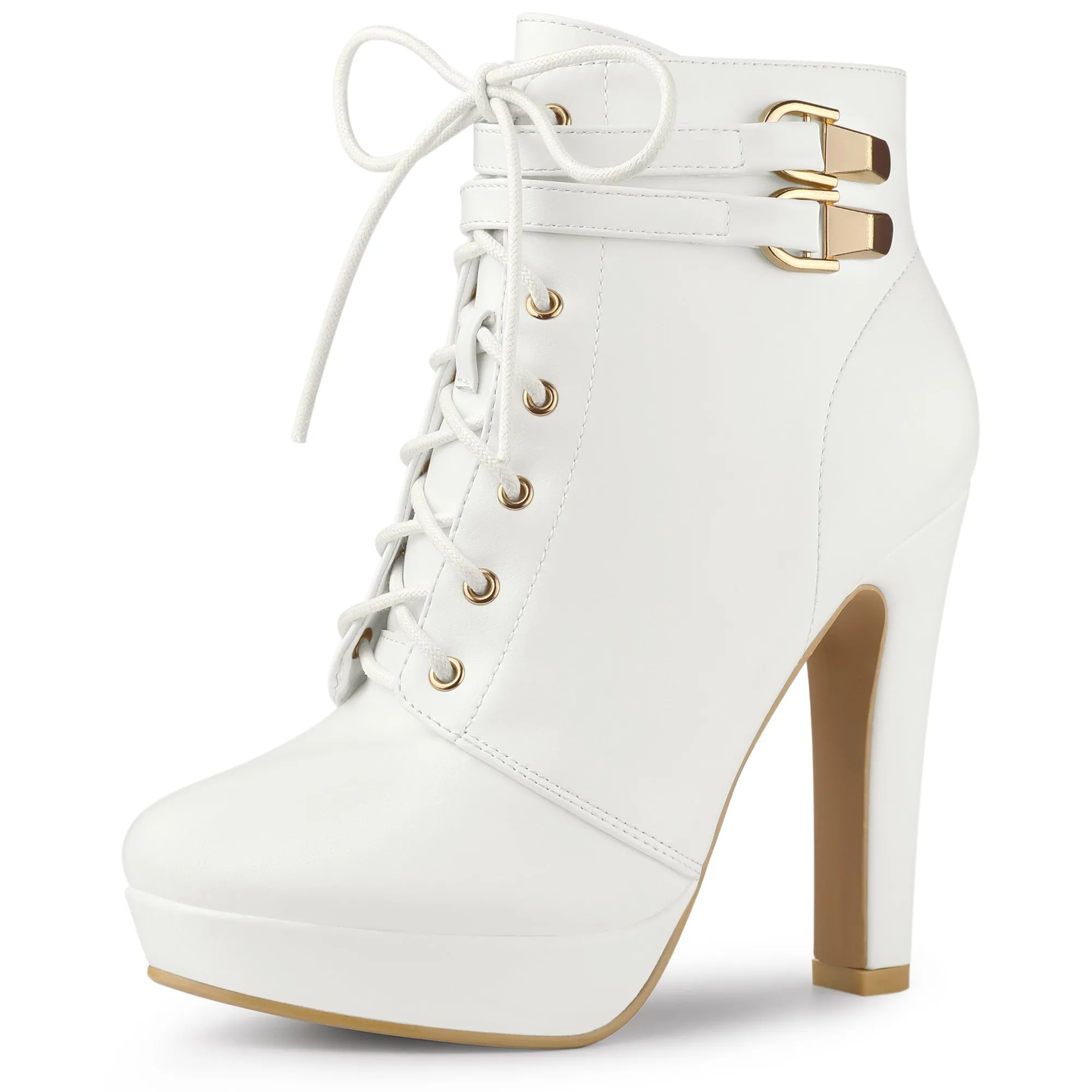 Faux Leather Lace-Up Strap Platform Block Heel Ankle Boots