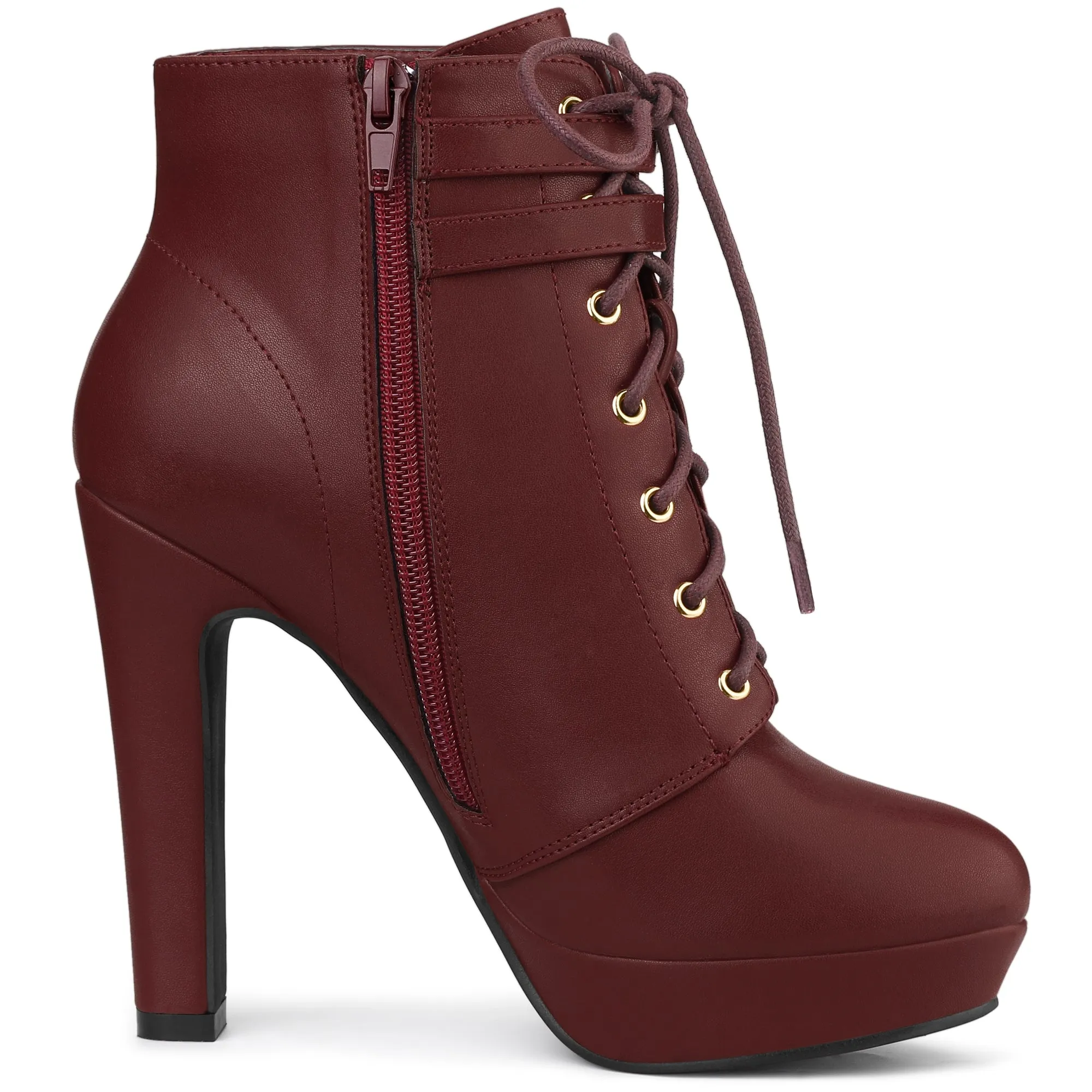Faux Leather Lace-Up Strap Platform Block Heel Ankle Boots