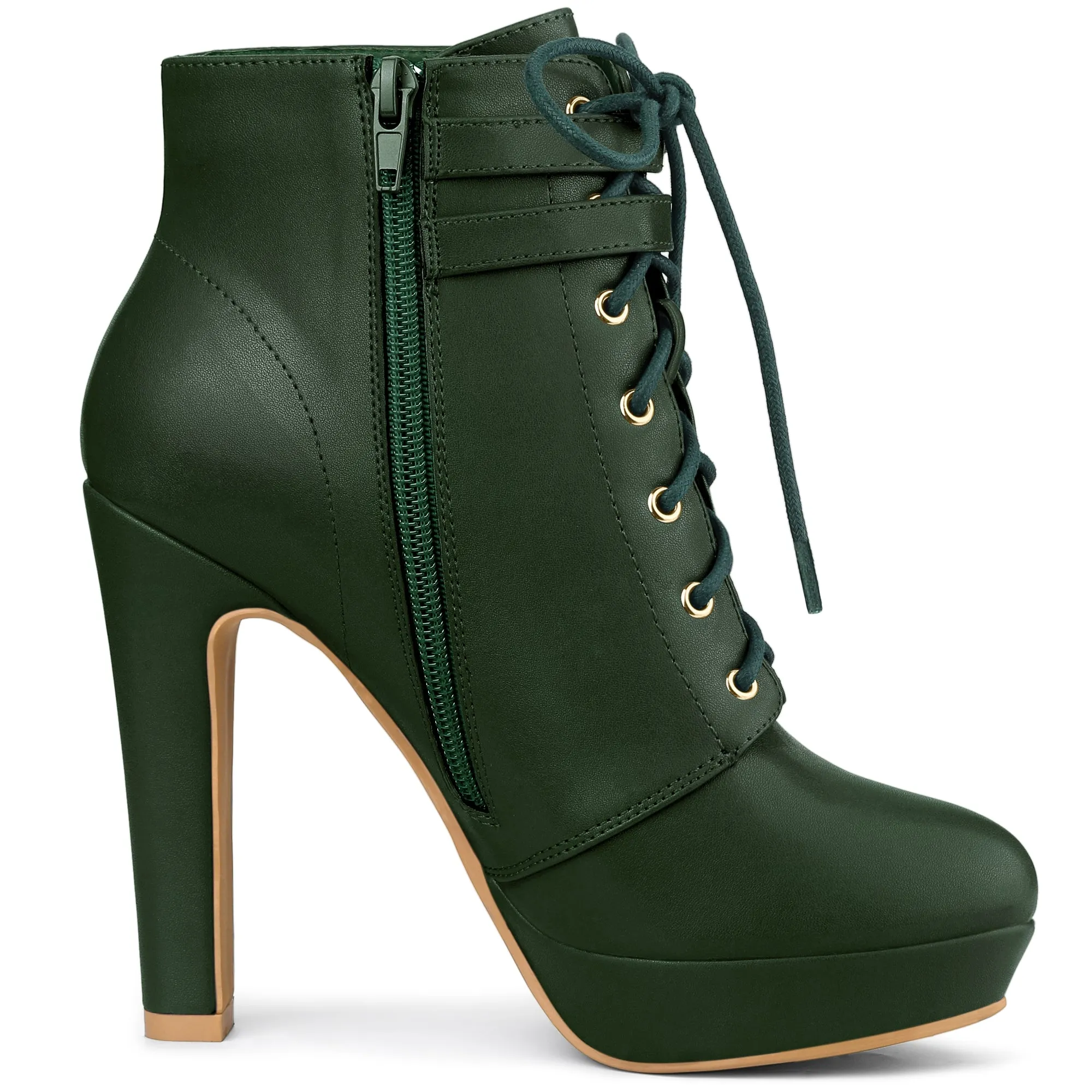 Faux Leather Lace-Up Strap Platform Block Heel Ankle Boots