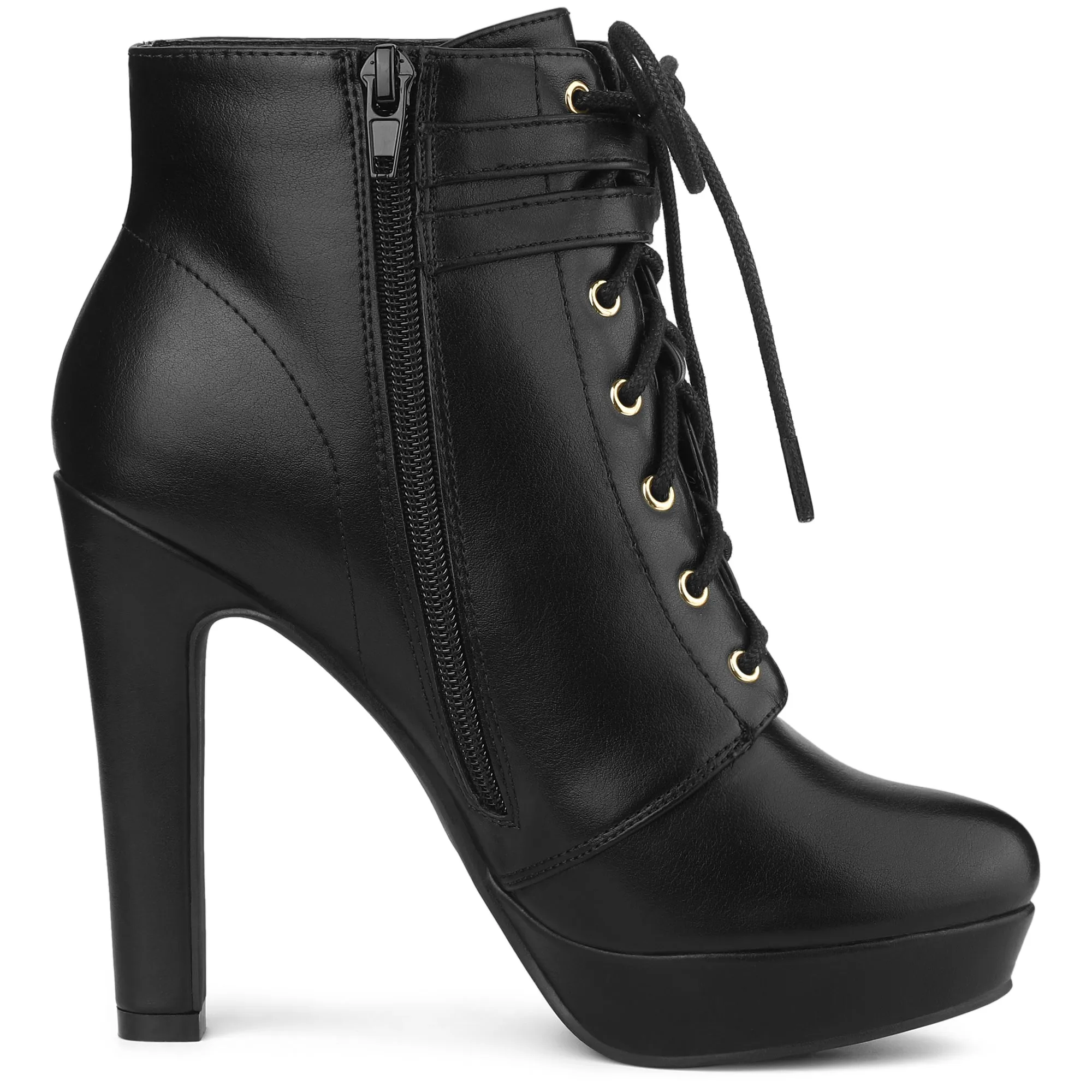 Faux Leather Lace-Up Strap Platform Block Heel Ankle Boots