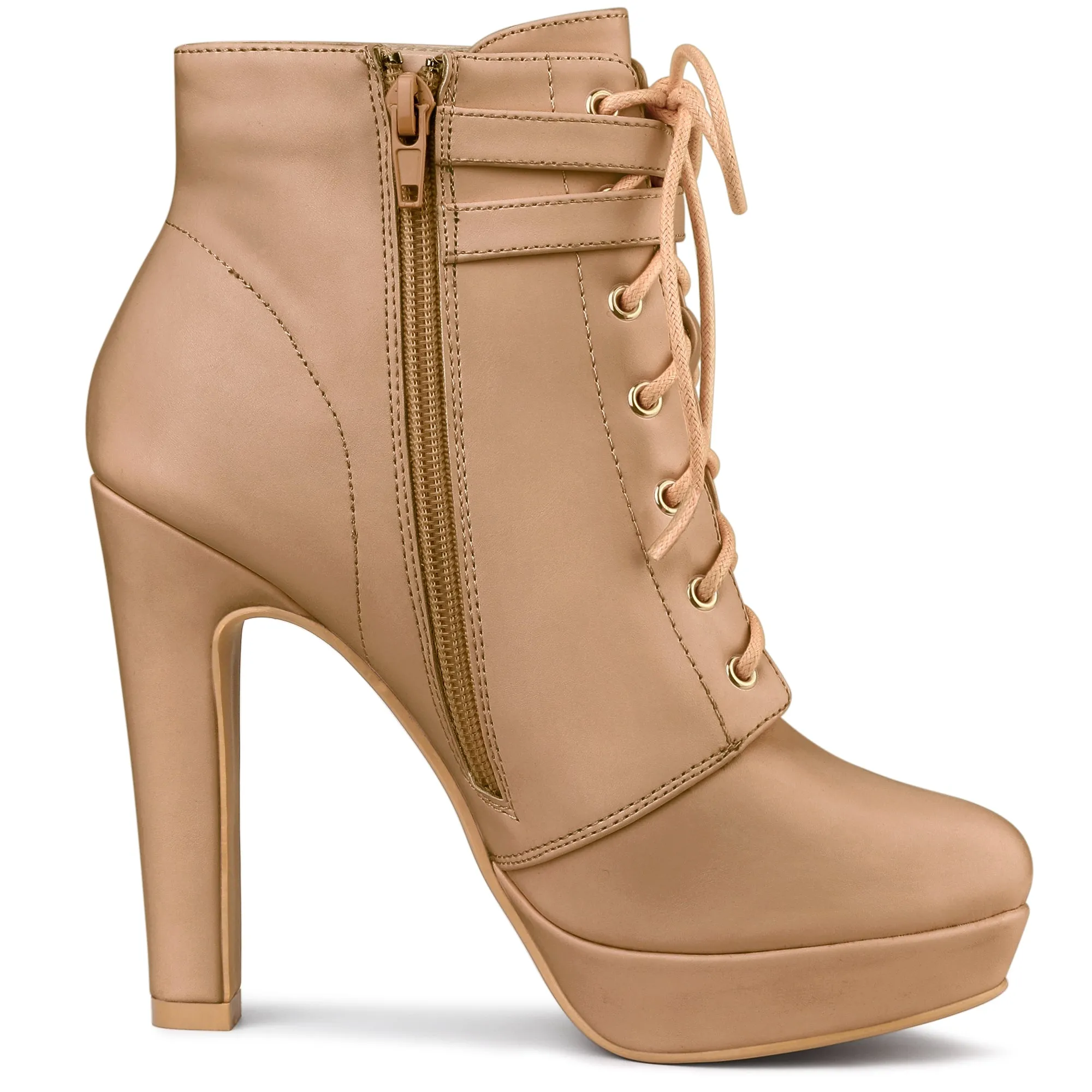 Faux Leather Lace-Up Strap Platform Block Heel Ankle Boots
