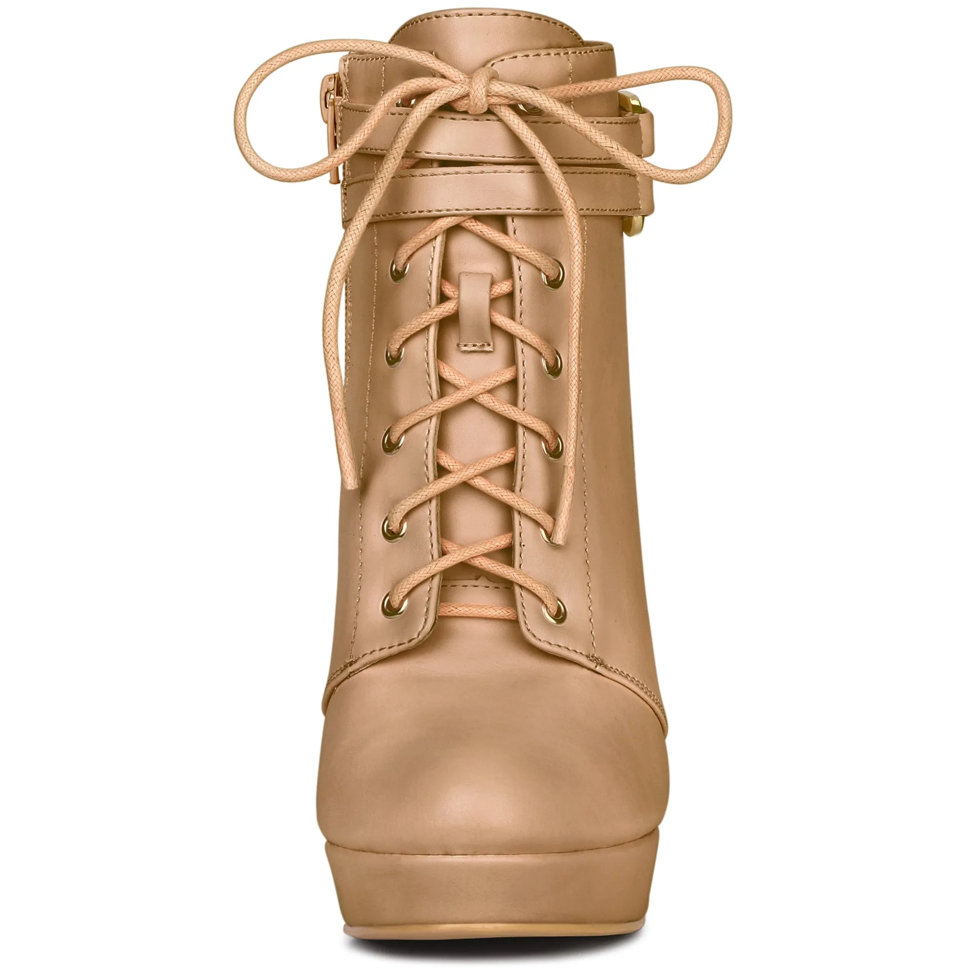 Faux Leather Lace-Up Strap Platform Block Heel Ankle Boots