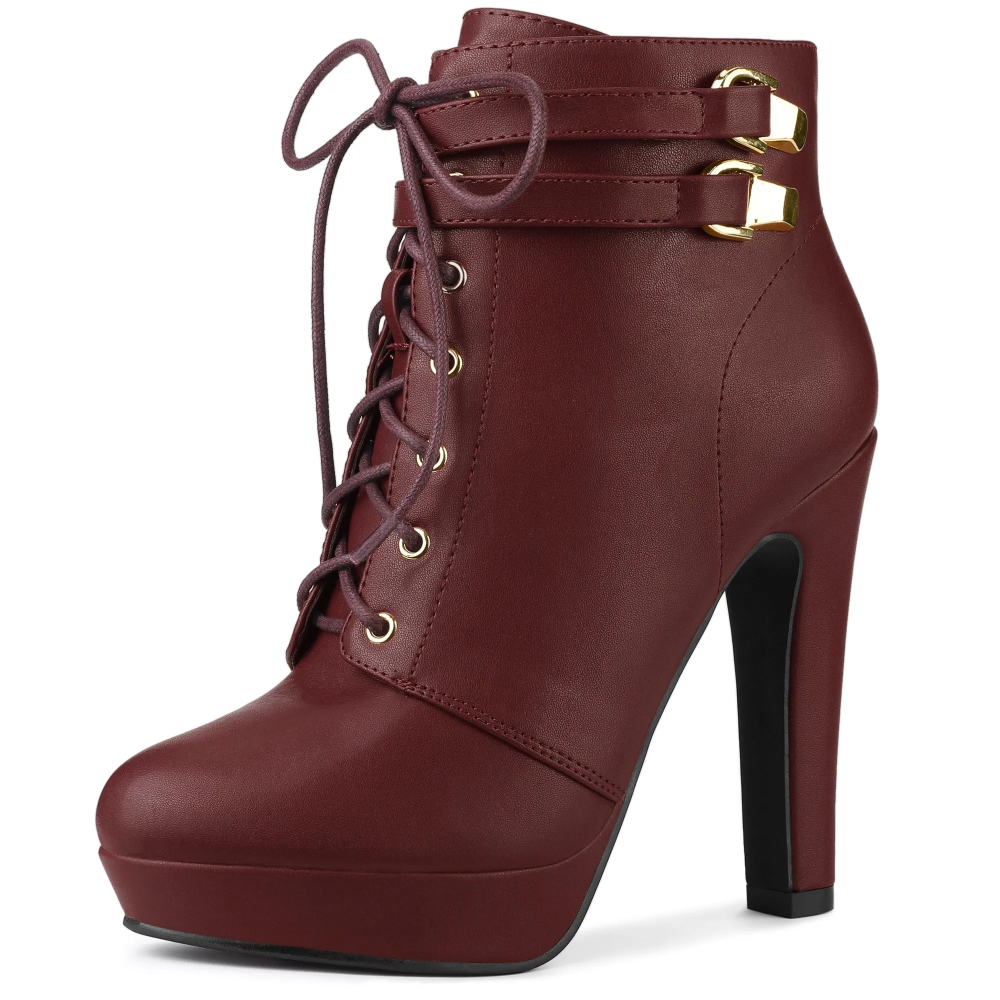 Faux Leather Lace-Up Strap Platform Block Heel Ankle Boots