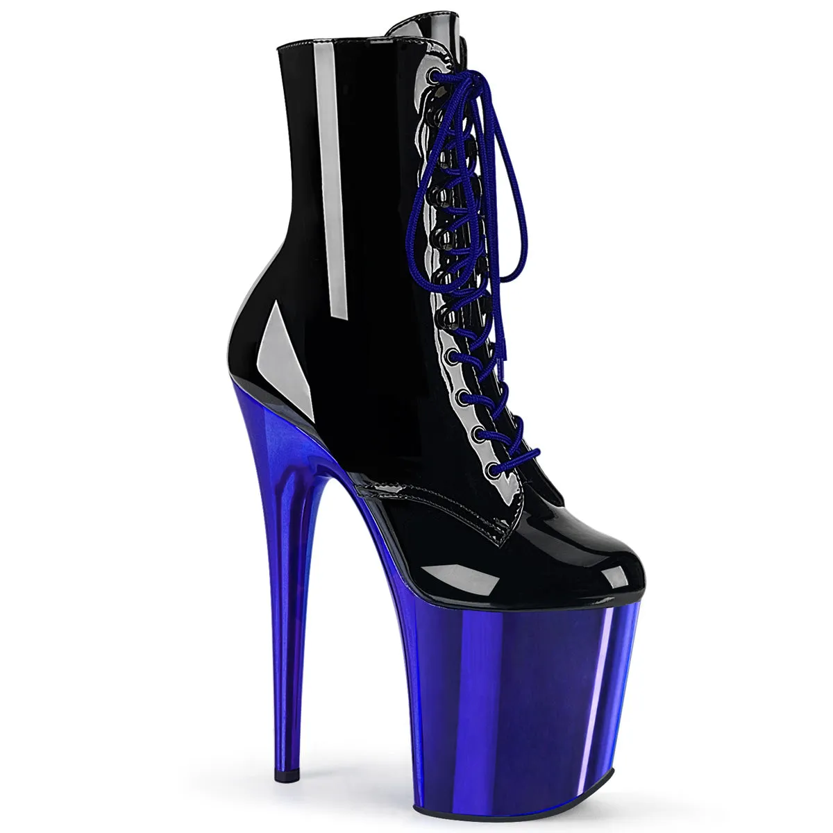 Flamingo-1020 Black Patent/Royal Blue Chrome, 8" Heel