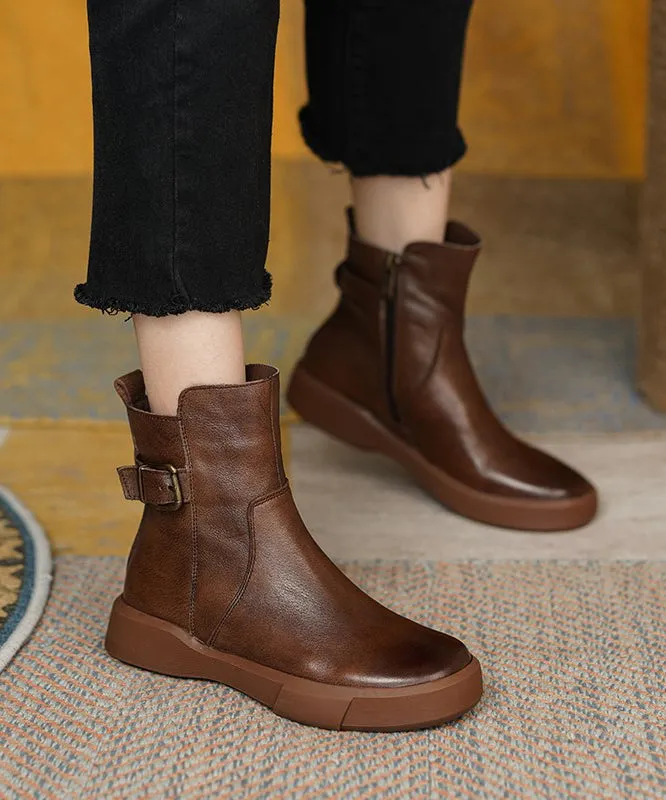 French Brown Cowhide Leather Splicing Boots ML1652