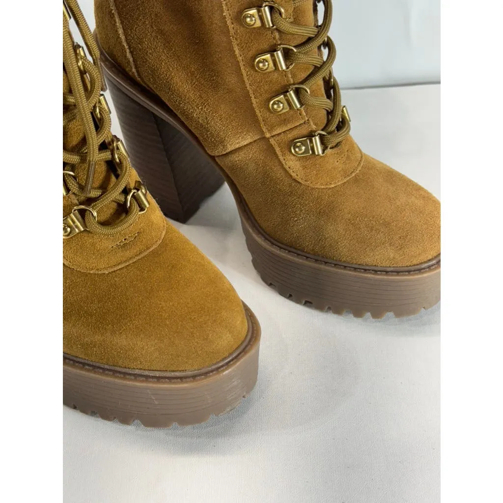 GUESS Women's Medium Brown Kelyna Lace-Up Lug-Sole Platform Booties SZ 6