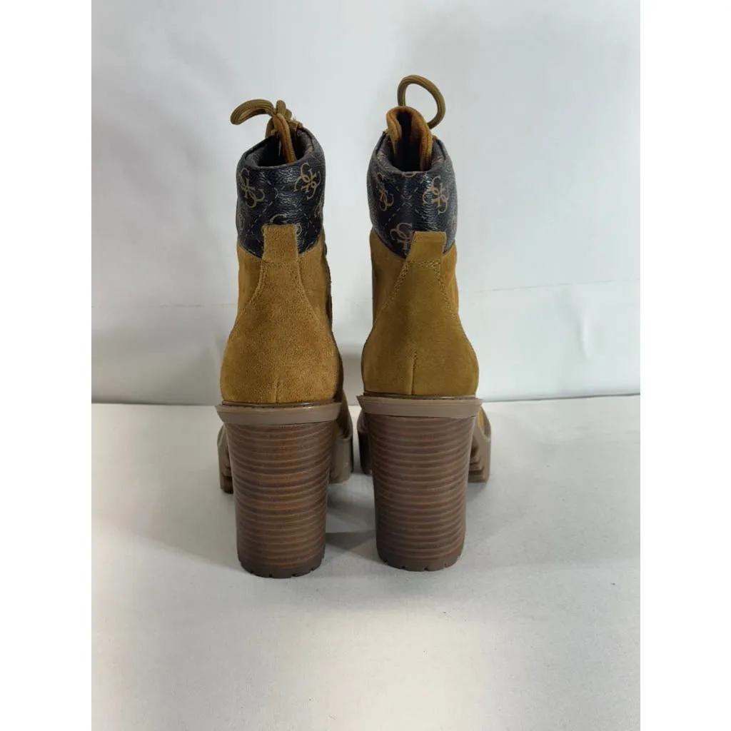 GUESS Women's Medium Brown Kelyna Lace-Up Lug-Sole Platform Booties SZ 6
