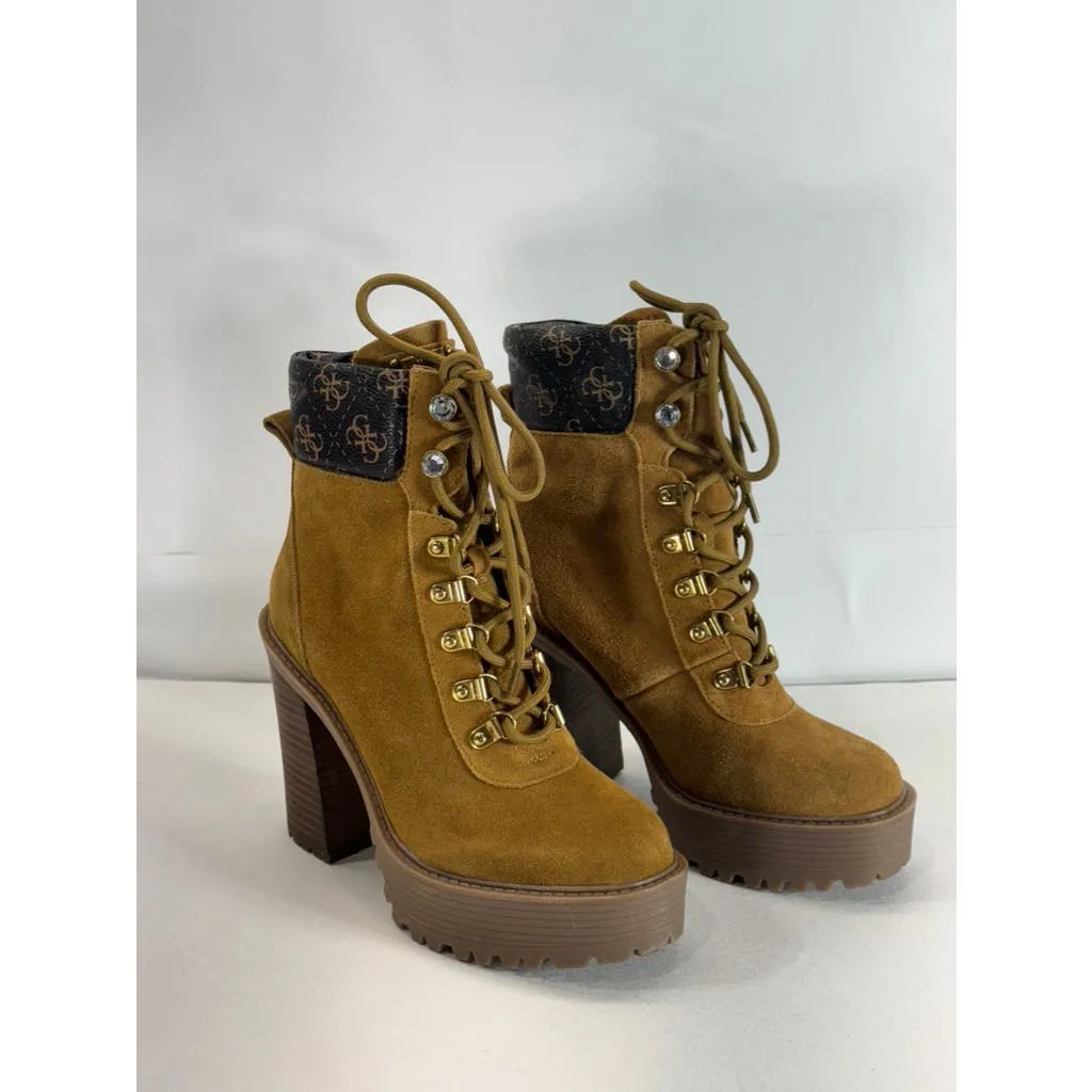 GUESS Women's Medium Brown Kelyna Lace-Up Lug-Sole Platform Booties SZ 6