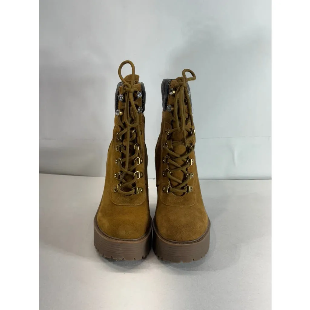 GUESS Women's Medium Brown Kelyna Lace-Up Lug-Sole Platform Booties SZ 6