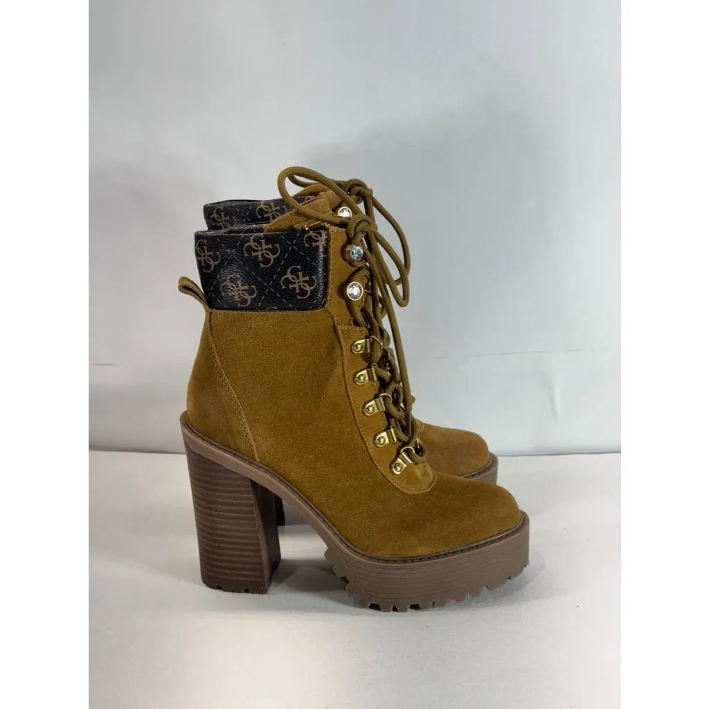 GUESS Women's Medium Brown Kelyna Lace-Up Lug-Sole Platform Booties SZ 6