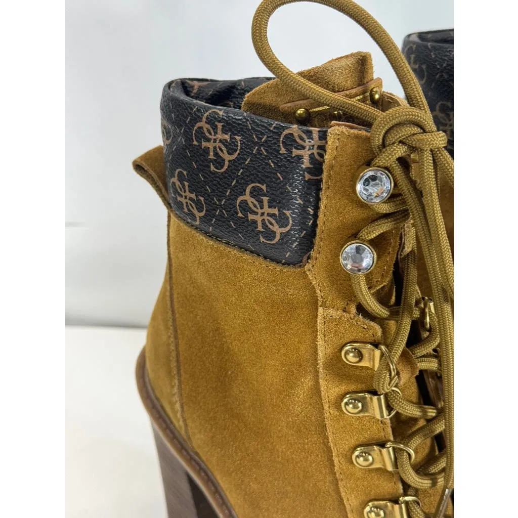 GUESS Women's Medium Brown Kelyna Lace-Up Lug-Sole Platform Booties SZ 6