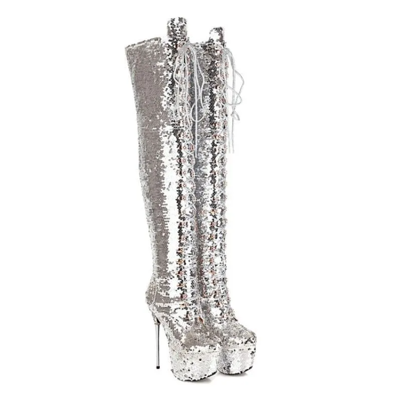 Iridescent Sequin Encrusted Thigh Length High Platform Heel Boots