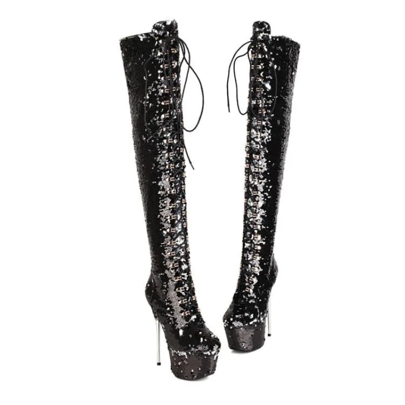 Iridescent Sequin Encrusted Thigh Length High Platform Heel Boots