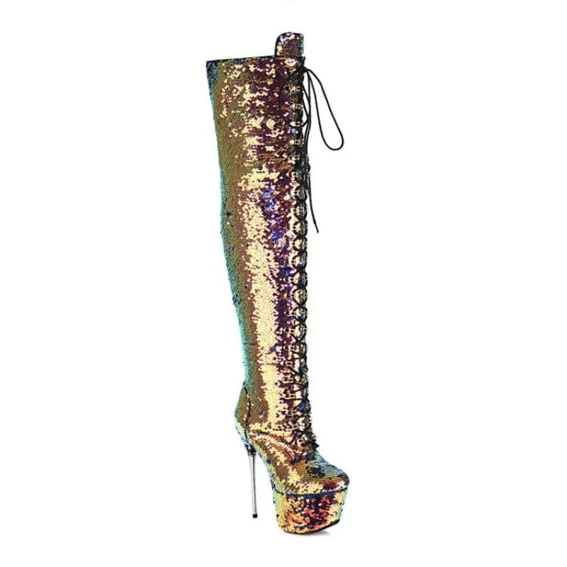 Iridescent Sequin Encrusted Thigh Length High Platform Heel Boots