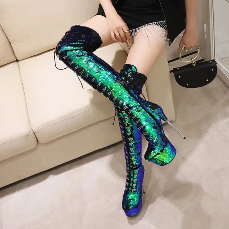 Iridescent Sequin Encrusted Thigh Length High Platform Heel Boots