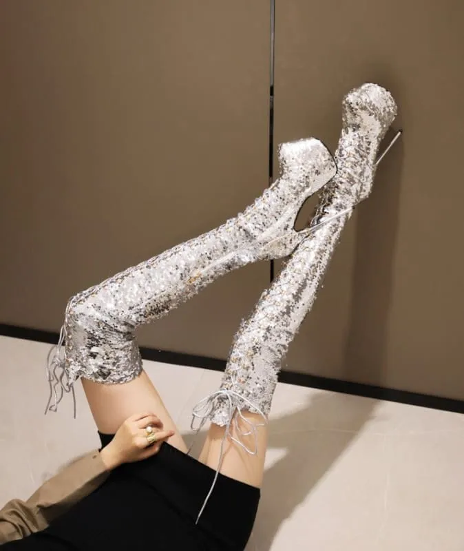 Iridescent Sequin Encrusted Thigh Length High Platform Heel Boots