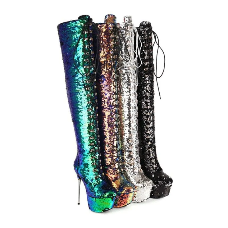 Iridescent Sequin Encrusted Thigh Length High Platform Heel Boots