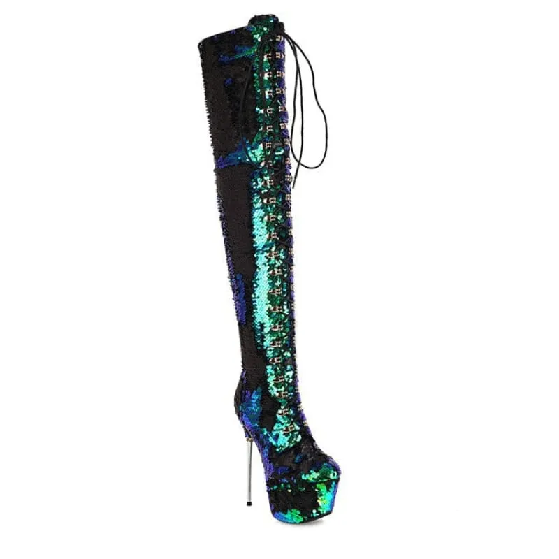 Iridescent Sequin Encrusted Thigh Length High Platform Heel Boots