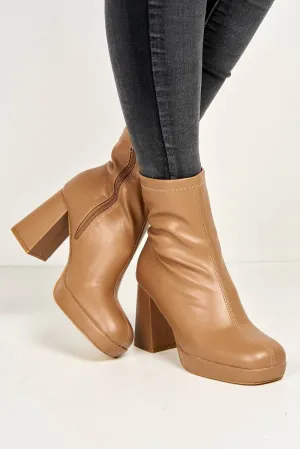 Katherine Platform Block Heel Ankle Boots in Camel