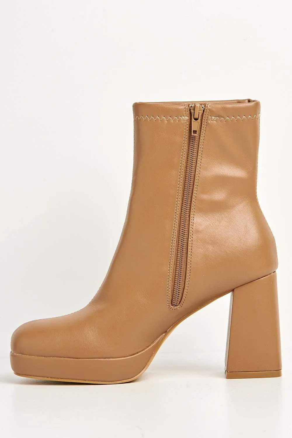 Katherine Platform Block Heel Ankle Boots in Camel