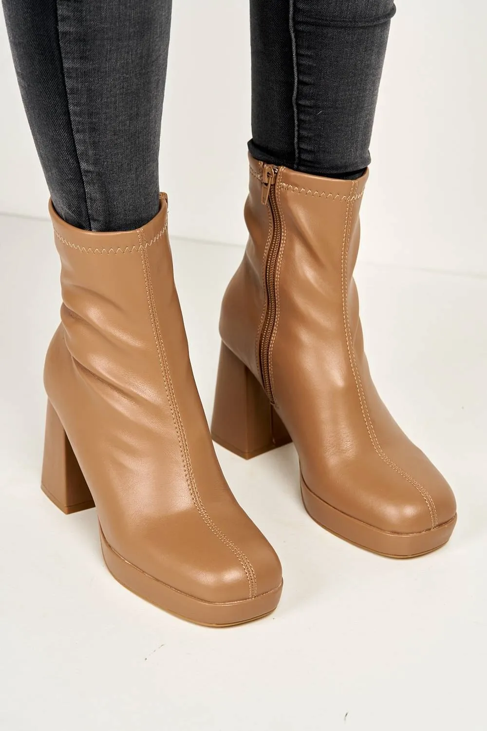 Katherine Platform Block Heel Ankle Boots in Camel