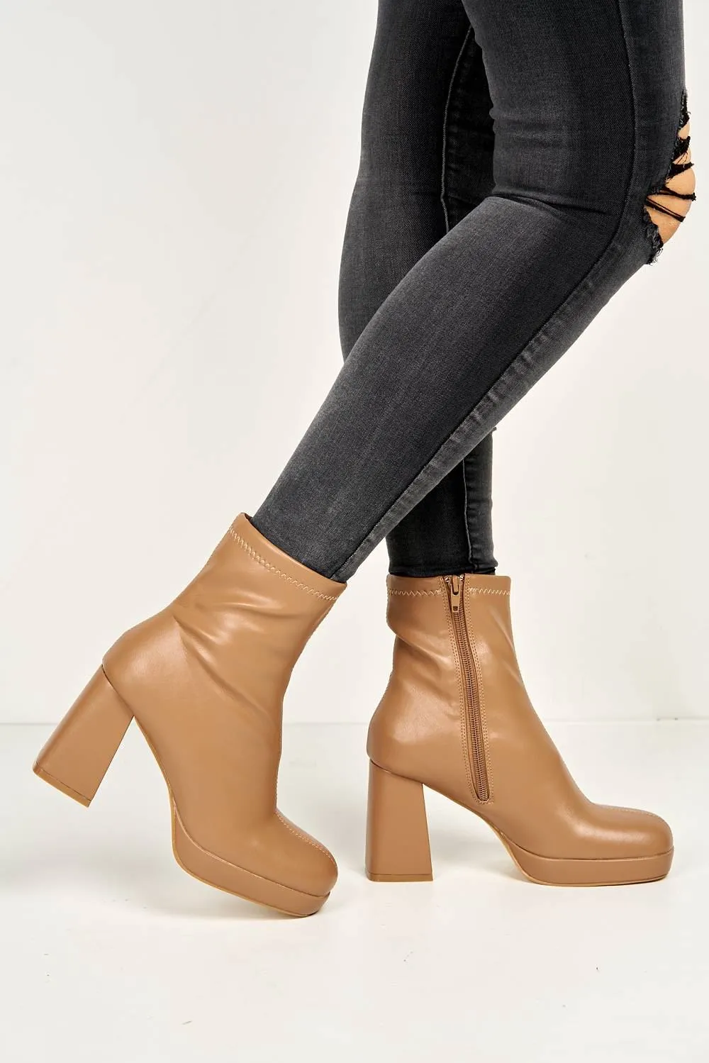 Katherine Platform Block Heel Ankle Boots in Camel