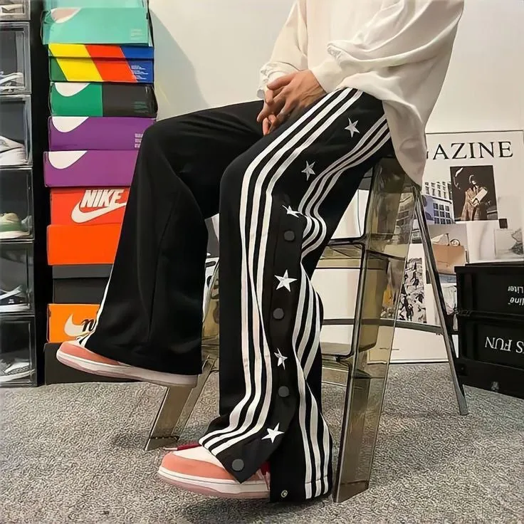 Korean Fashion Y2K Harajuku Style Streetwear Straight Fit Baggy Star Print With Snap Button Track For Mens