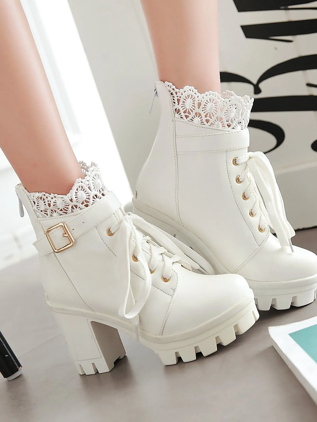 Lace Decor Buckle Detail Boots