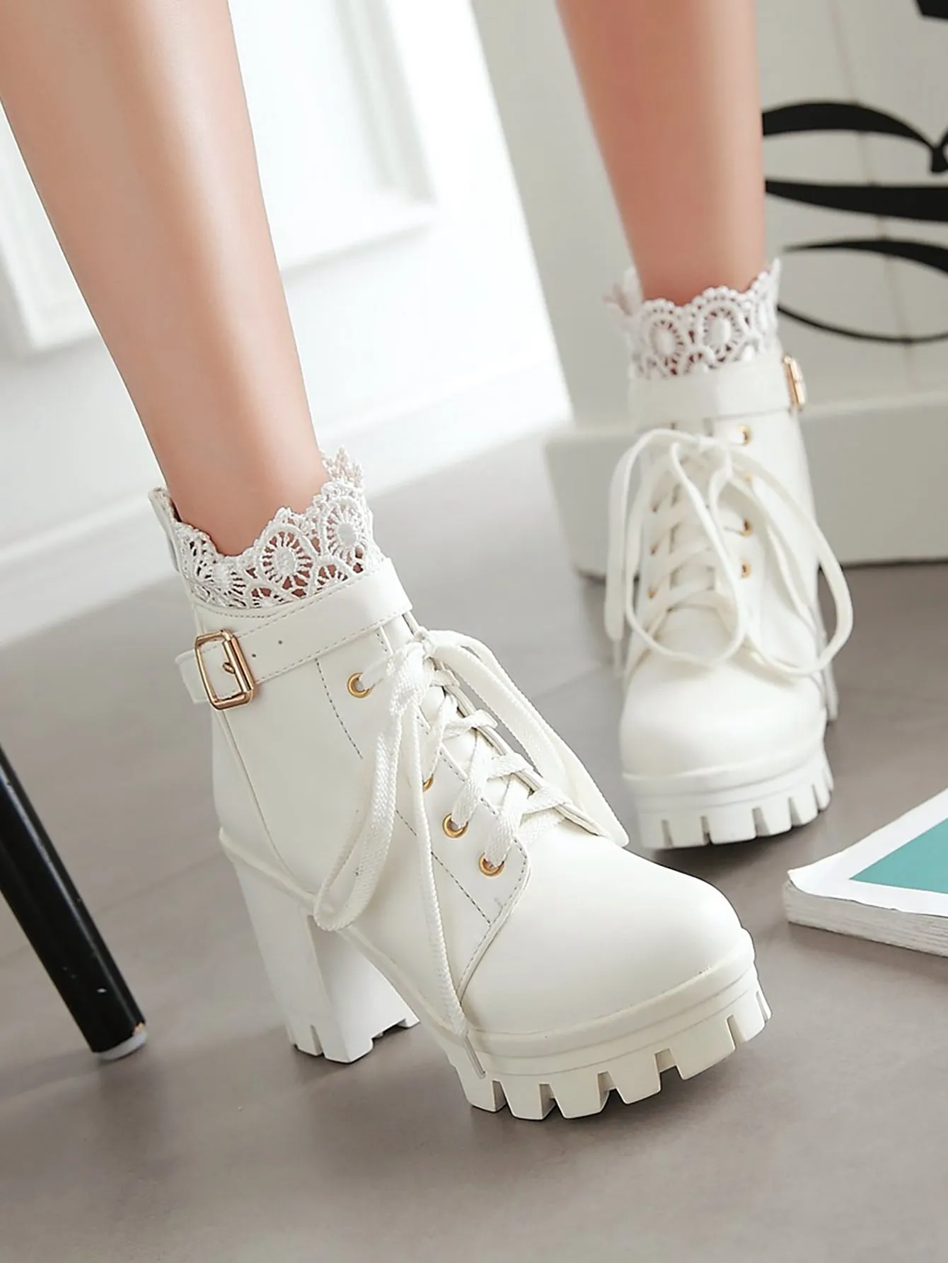 Lace Decor Buckle Detail Boots