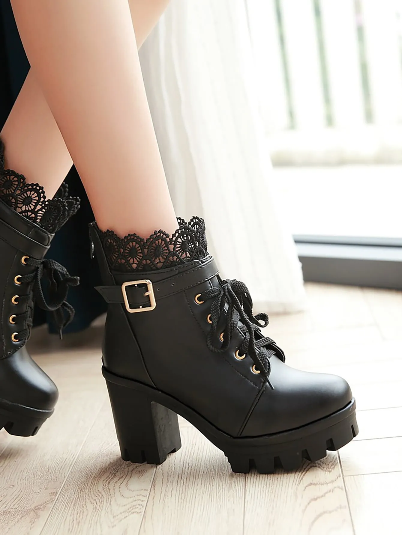 Lace Decor Buckle Detail Boots