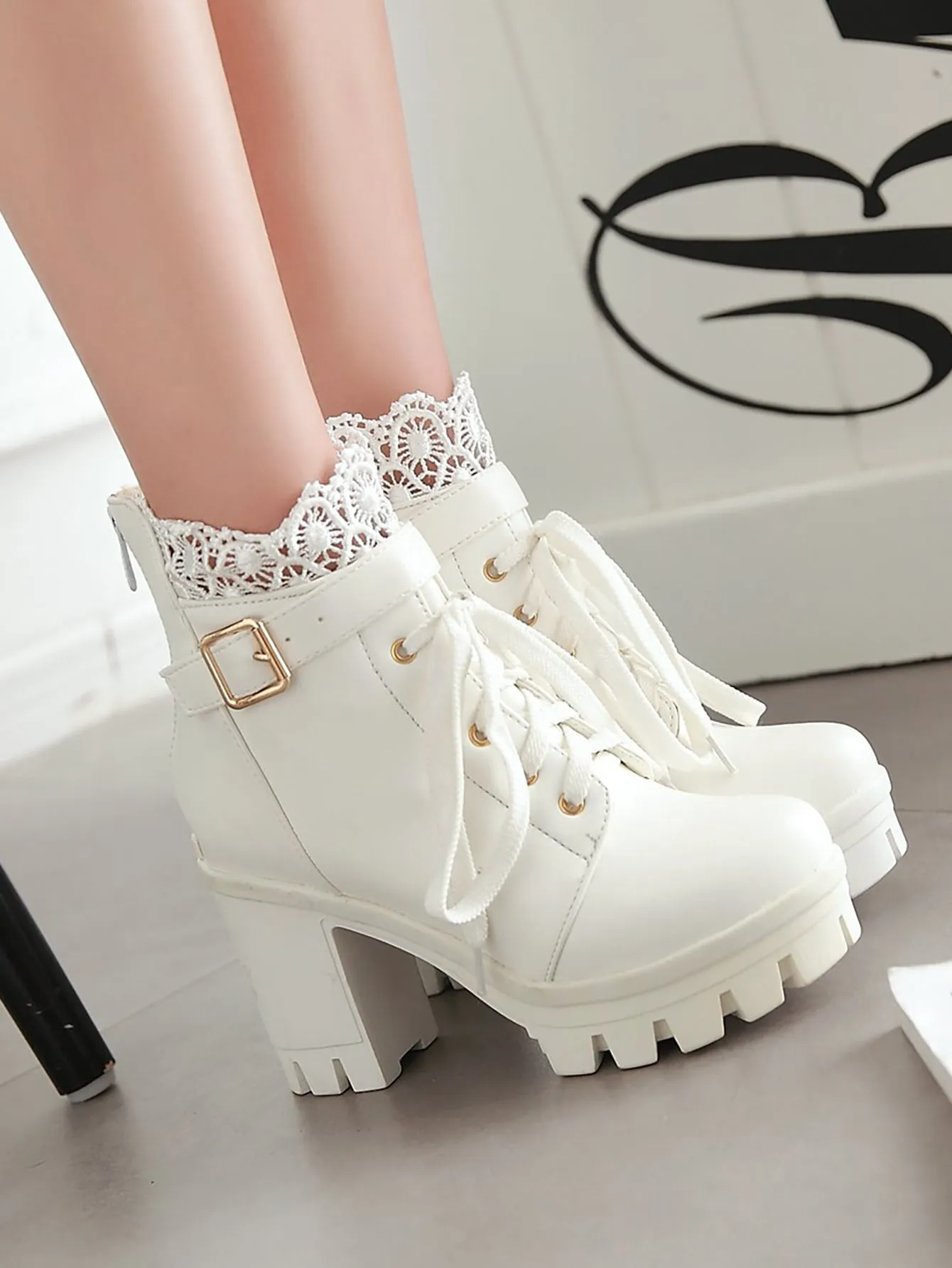 Lace Decor Buckle Detail Boots